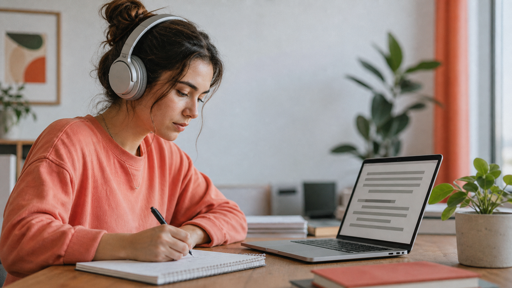 A focused reader listens through headphones while taking notes beside a laptop