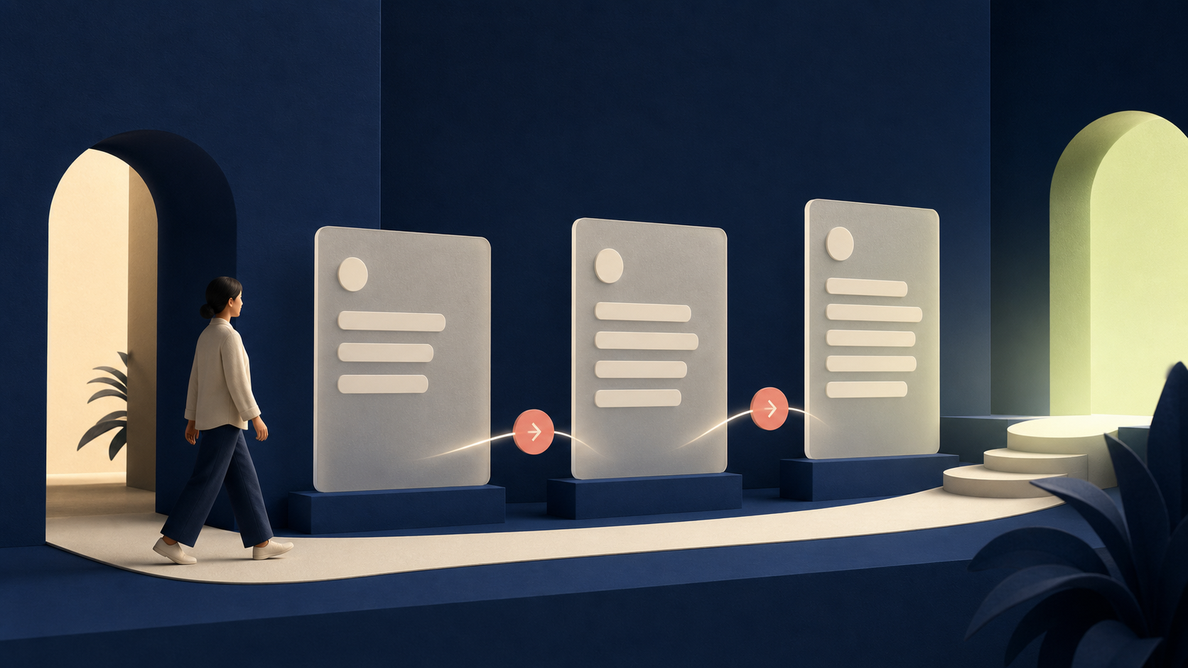 A calm figure follows a clear path through three simple content panels