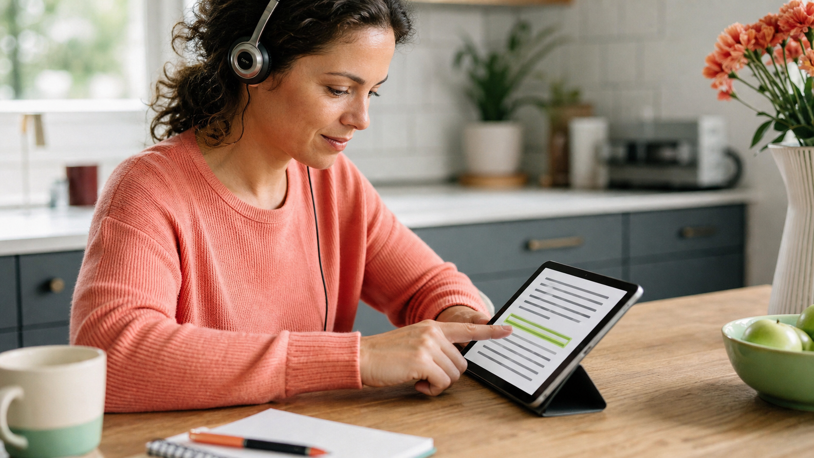 A reader uses headphones and follows a highlighted line on a tablet