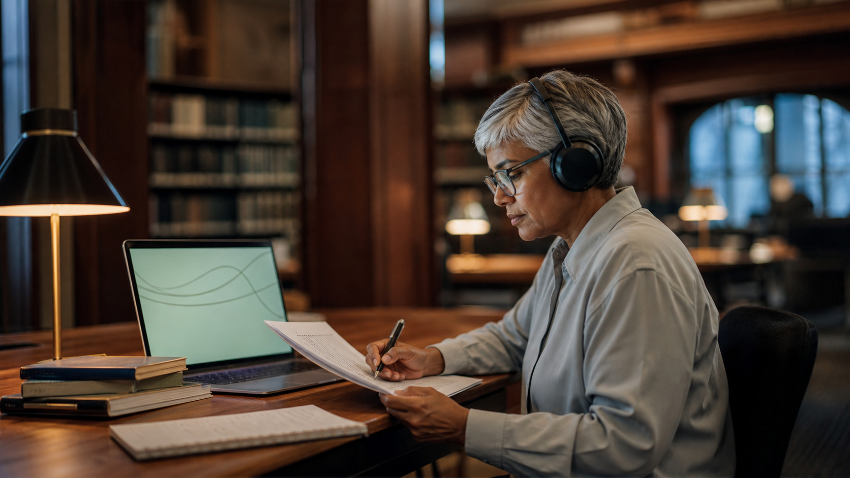 A student listens through headphones while annotating research in a quiet library