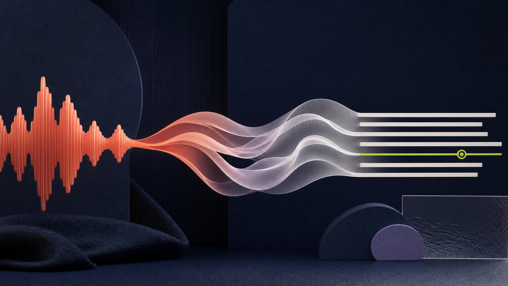 An abstract warm sound wave becomes calm reading lines with one precise timing marker