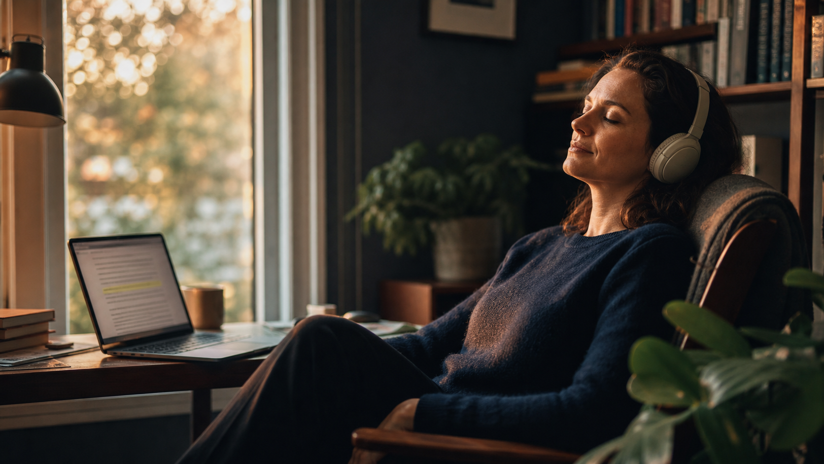 A reader rests comfortably with headphones while an article remains open nearby