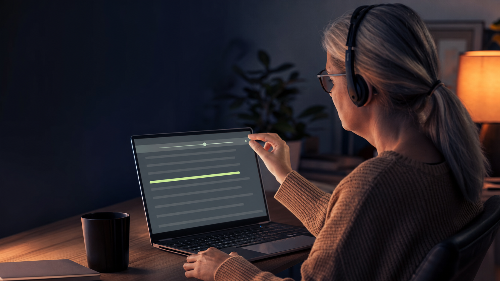 A person wearing headphones adjusts an accessible reading view on a laptop
