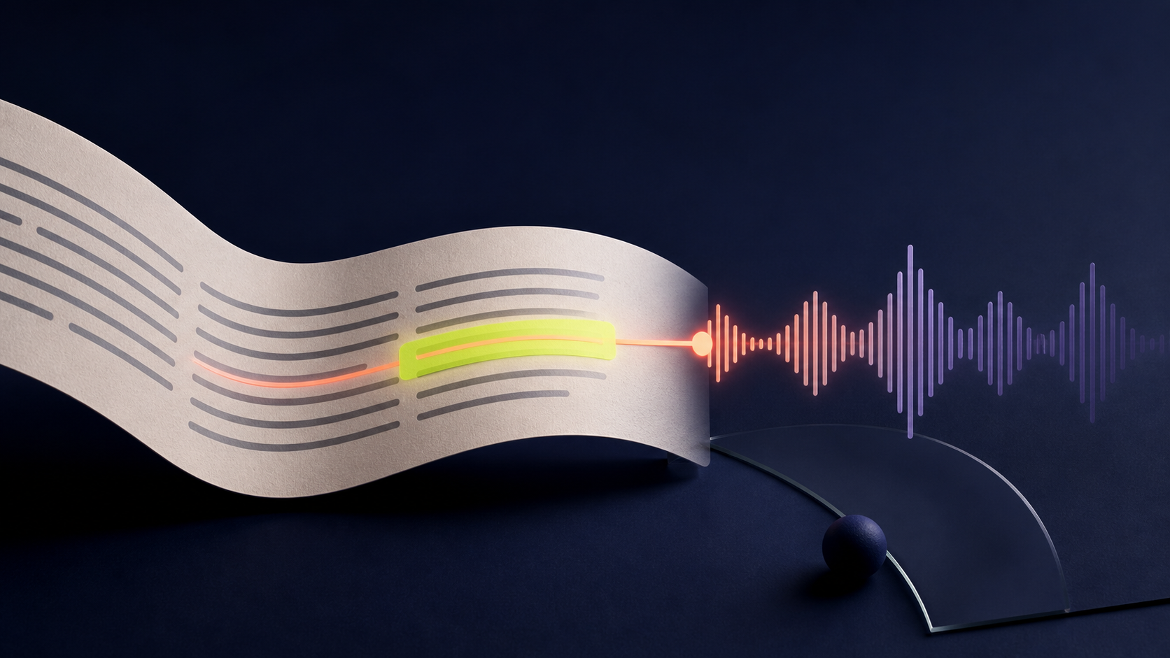 Abstract paper reading lines flowing into an audio waveform, with one line highlighted